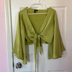 Citron green satin tie front top